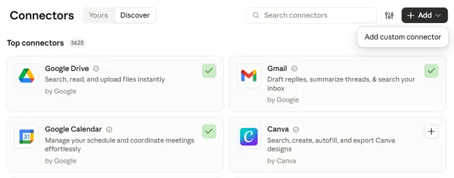 Claude, page Connectors : le menu « + Add » ouvert sur « Add custom connector ».