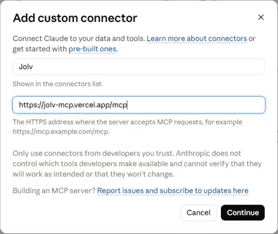 Fenêtre « Add custom connector » : nom Jolv et adresse du connecteur, bouton Continue.