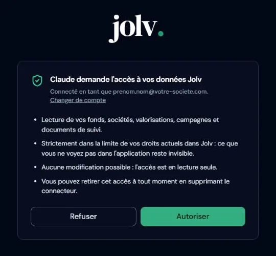 Écran de consentement Jolv : « Claude demande l'accès à vos données Jolv », avec les boutons Refuser et Autoriser.