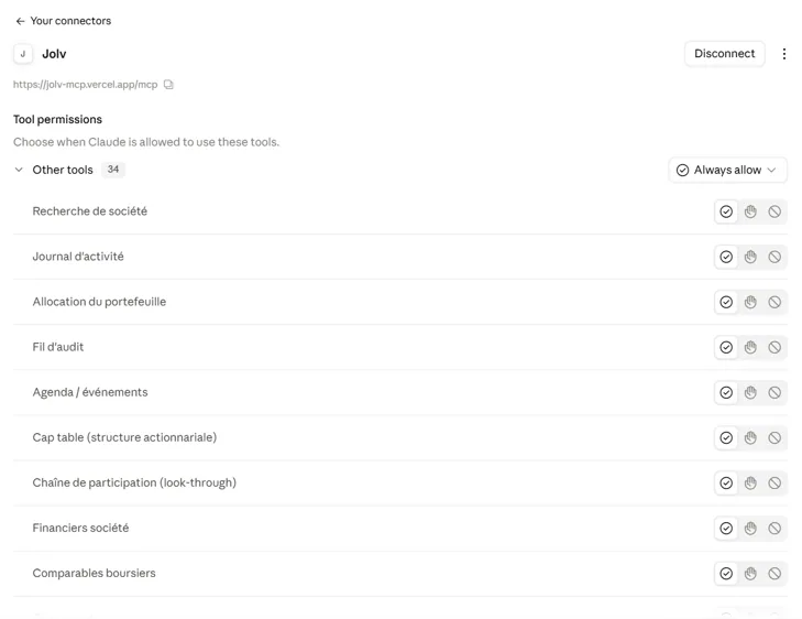 Fiche du connecteur Jolv dans Claude : connecté, avec la liste de ses outils et leurs permissions.